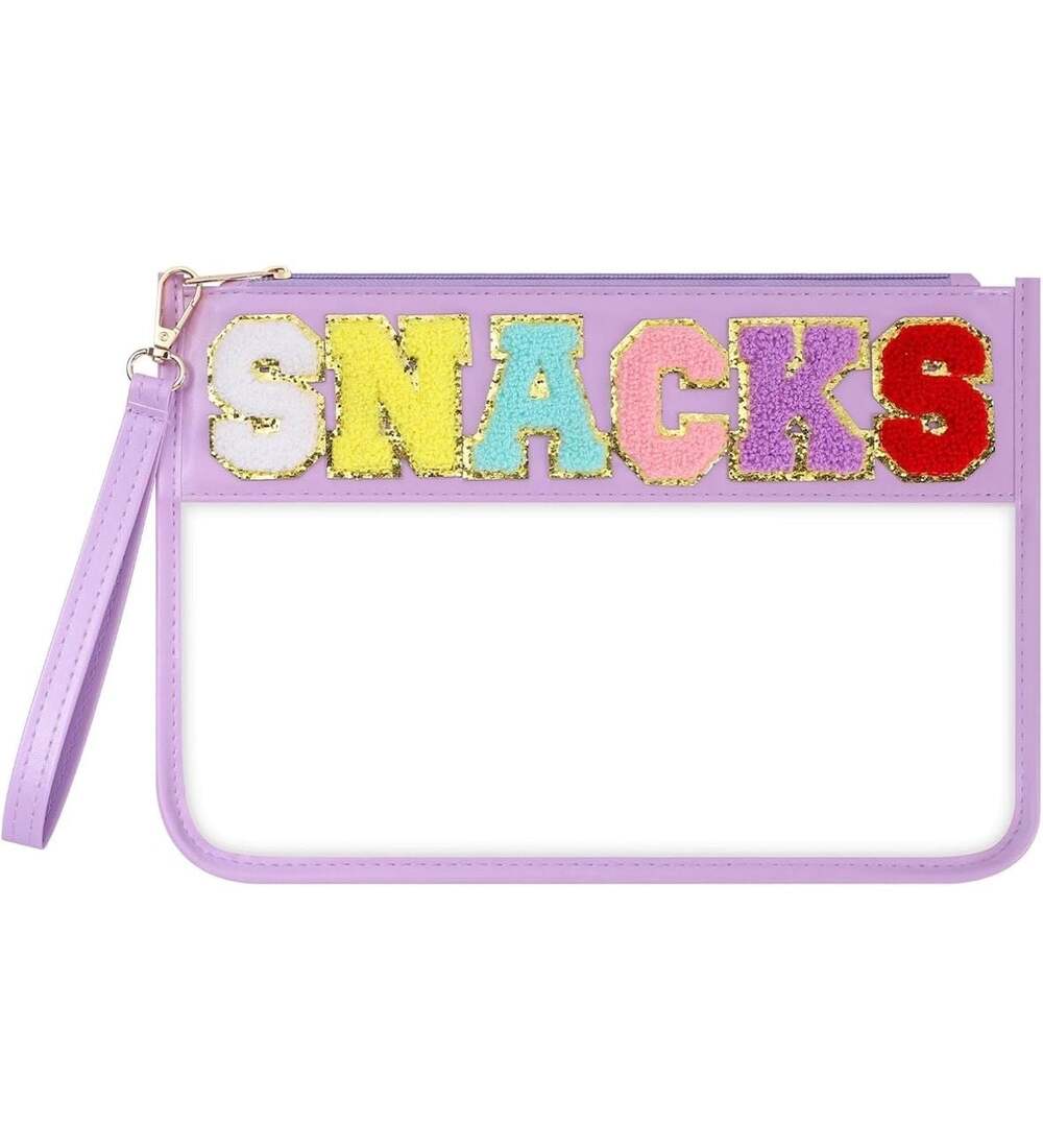 Clear Zipper Pouch with Colorful Chenille "SNACKS" Letter Patches